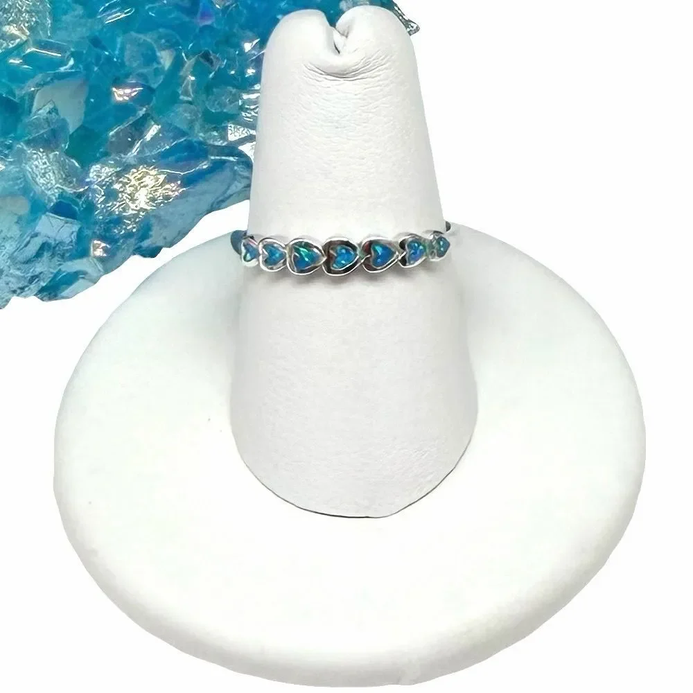 Blue Fire Opal Heart Eternity Band Ring Solid 925 Sterling Silver Size 6